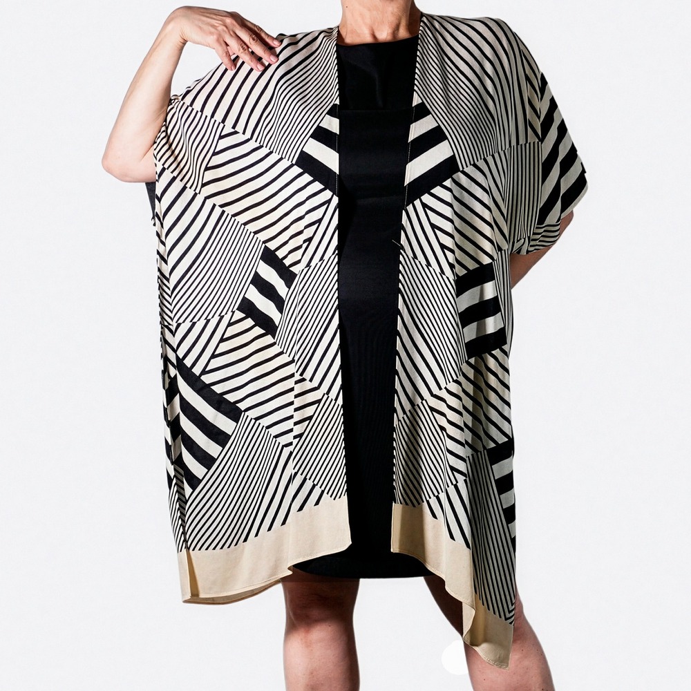 Cabi Topper Kimono Black Cream Geometric Stripe Cardigan Wrap Plus Size 1X 2X 3X
